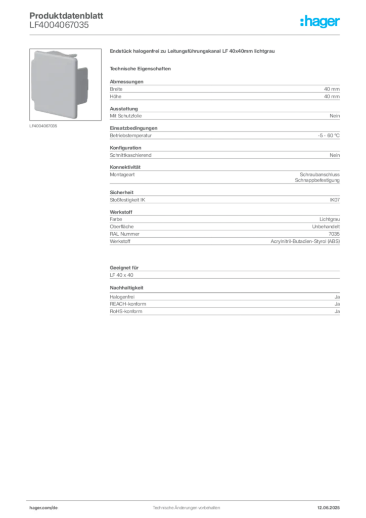 Bild Hager Produktdatenblatt LF4004067035 | Hager Deutschland
