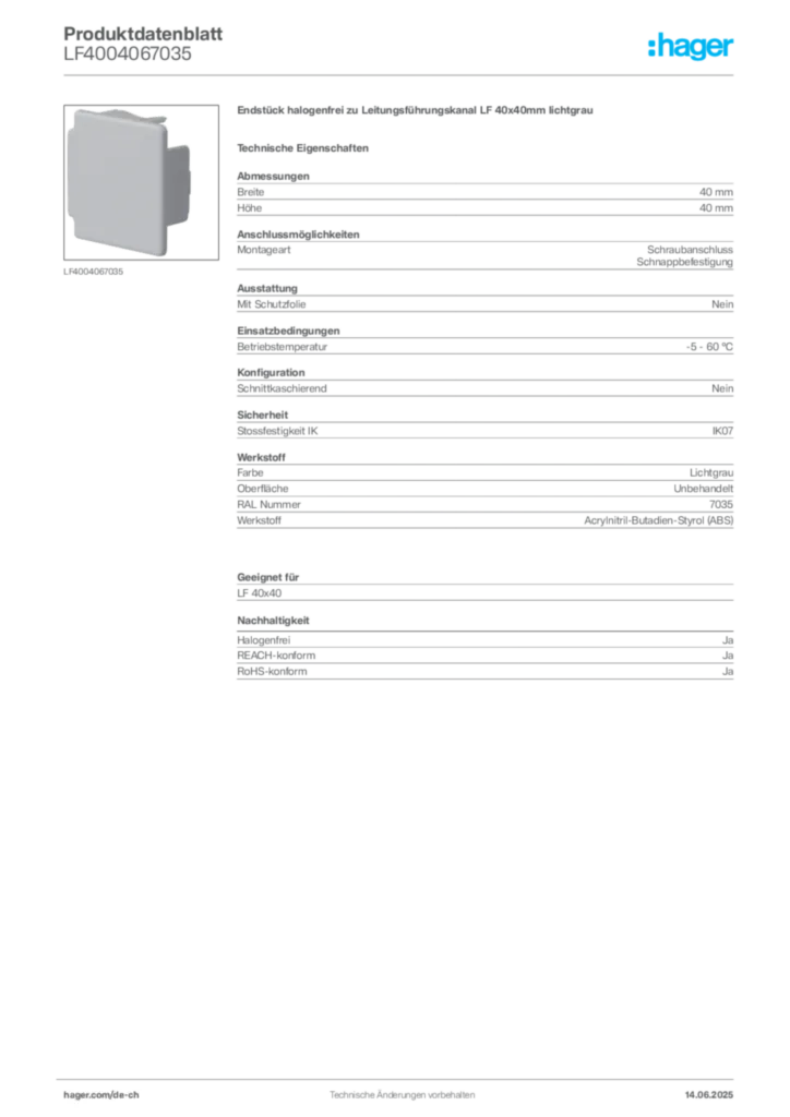 Bild Hager Produktdatenblatt LF4004067035 | Hager Schweiz