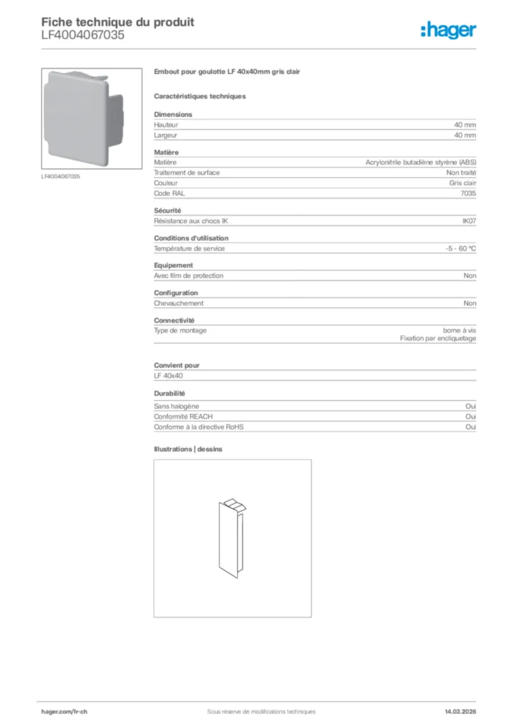 Image Hager Fiche technique du produit LF4004067035 | Hager Suisse