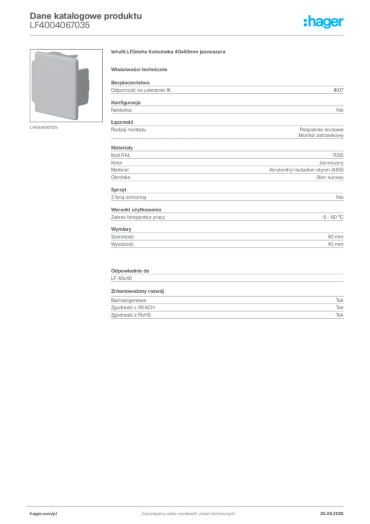 Zdjęcie Hager Karta katalogowa LF4004067035 | Hager Polska