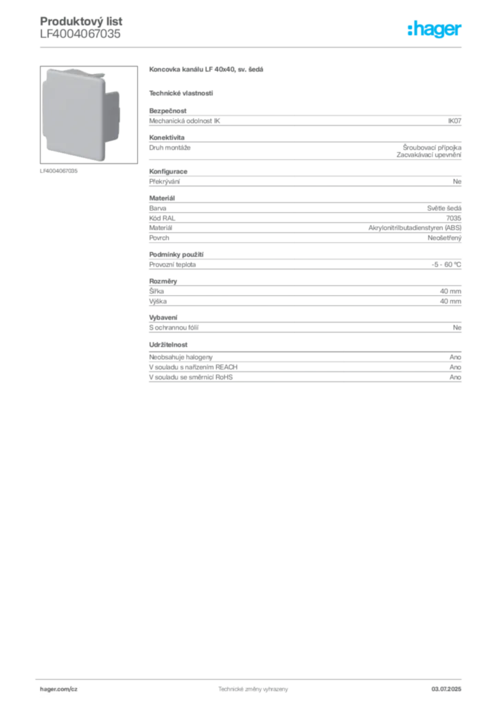 Obrázek Hager Produktový list LF4004067035 | Hager