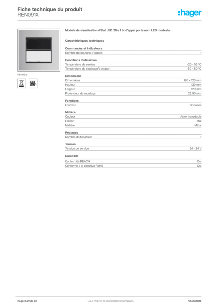 Image Hager Fiche technique du produit REN091X | Hager Suisse