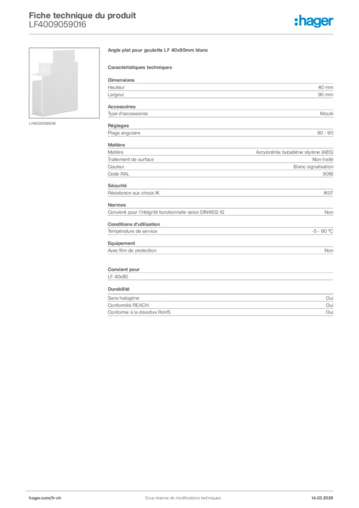 Image Hager Fiche technique du produit LF4009059016 | Hager Suisse