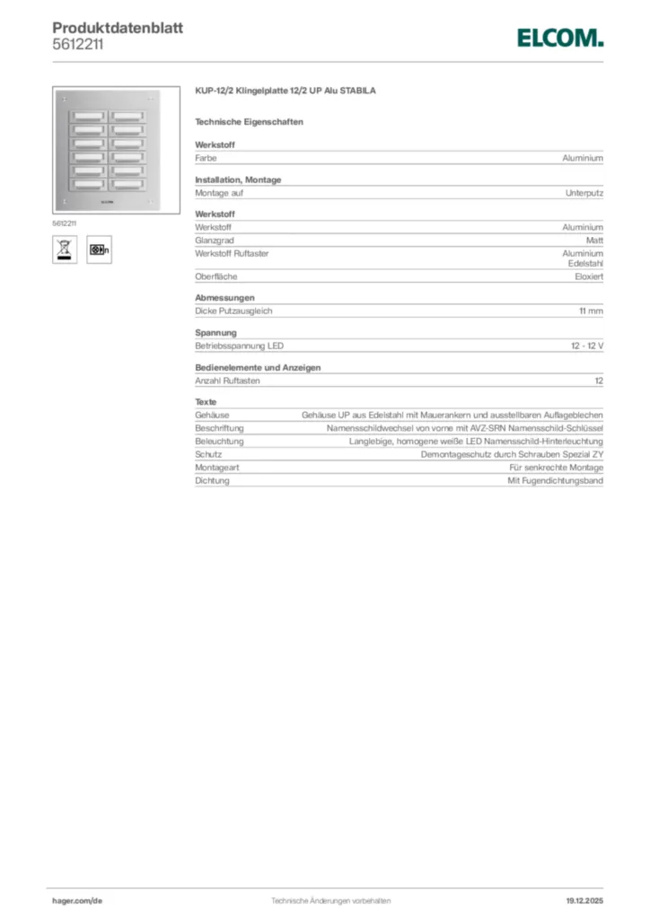 Bild Elcom Produktdatenblatt 5612211 | Hager Deutschland