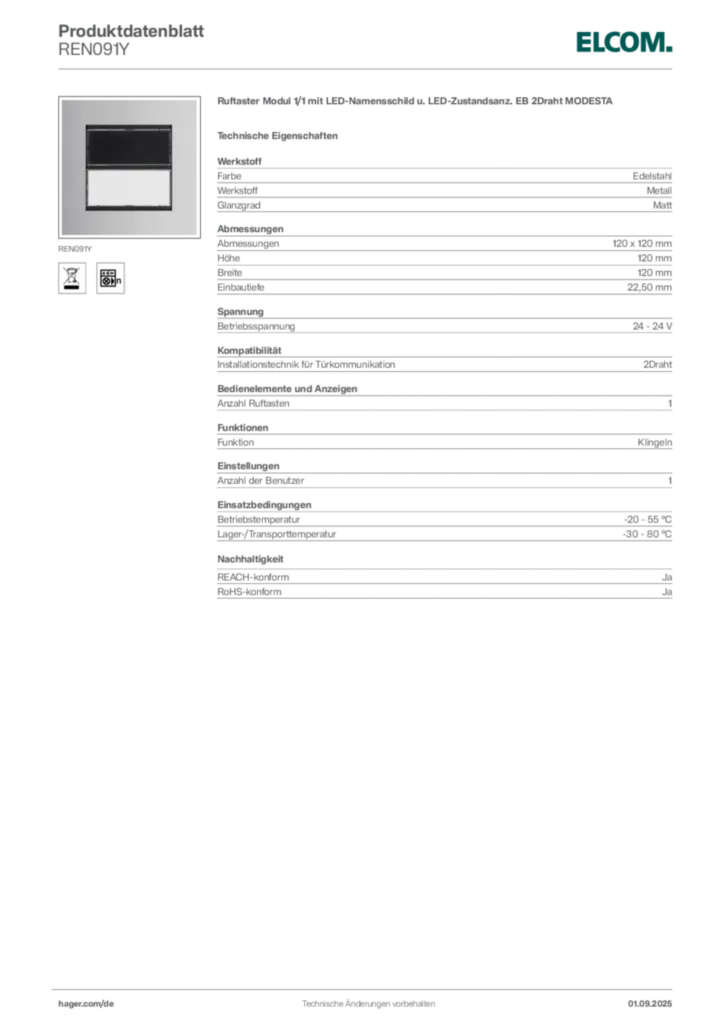Bild Elcom Produktdatenblatt REN091Y | Hager Deutschland
