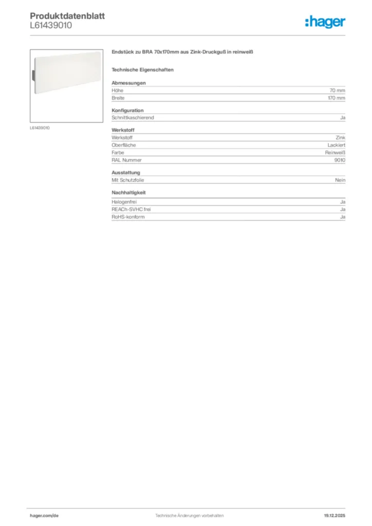 Bild Hager Produktdatenblatt L61439010 | Hager Deutschland