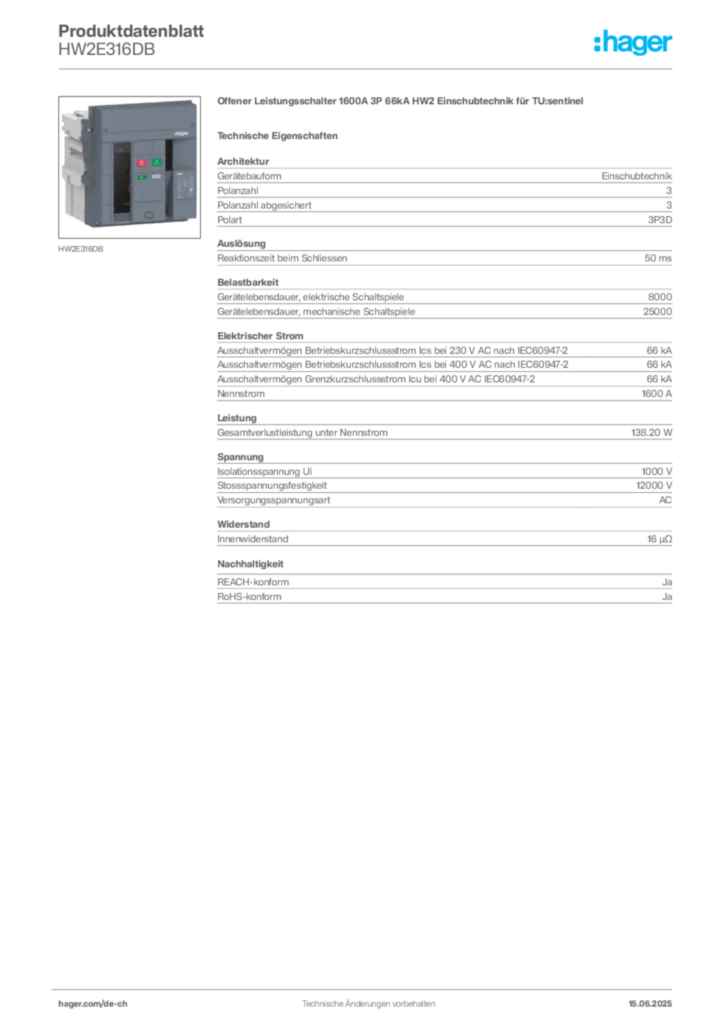 Bild Hager Produktdatenblatt HW2E316DB | Hager Schweiz