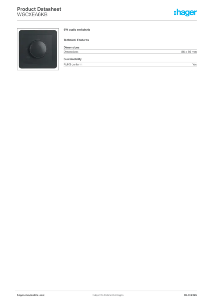 Image Hager Product data sheet WGCXEA6KB  | Hager