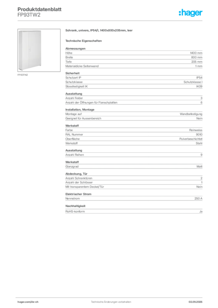 Bild Hager Produktdatenblatt FP93TW2 | Hager Schweiz