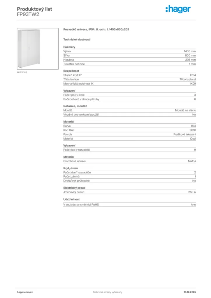 Obrázek Hager Produktový list FP93TW2 | Hager