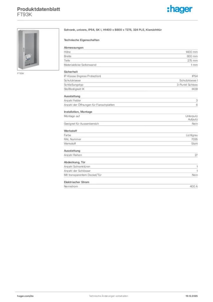 Bild Hager Produktdatenblatt FT93K | Hager Deutschland