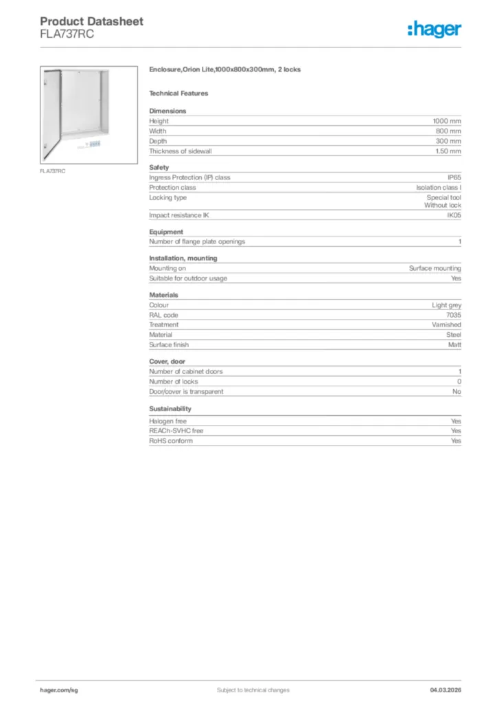 Image Hager Product data sheet FLA737RC  | Hager