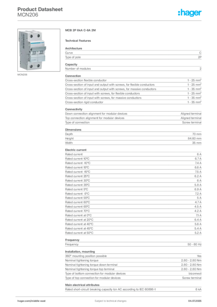 Image Hager Product data sheet MCN206  | Hager