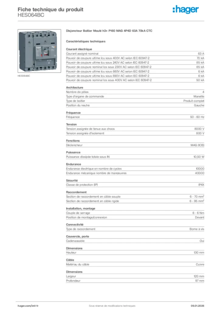 Image Hager Fiche technique du produit HES064BC | Hager Afrique