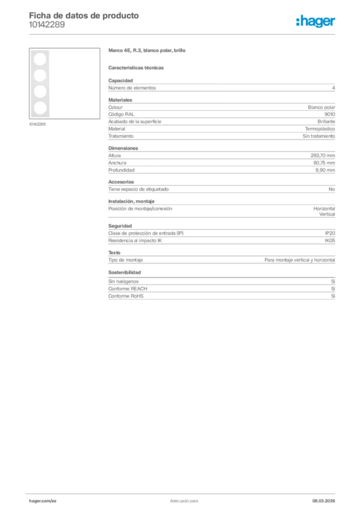 Imagen Hager Ficha de datos de producto 10142289 | Hager España