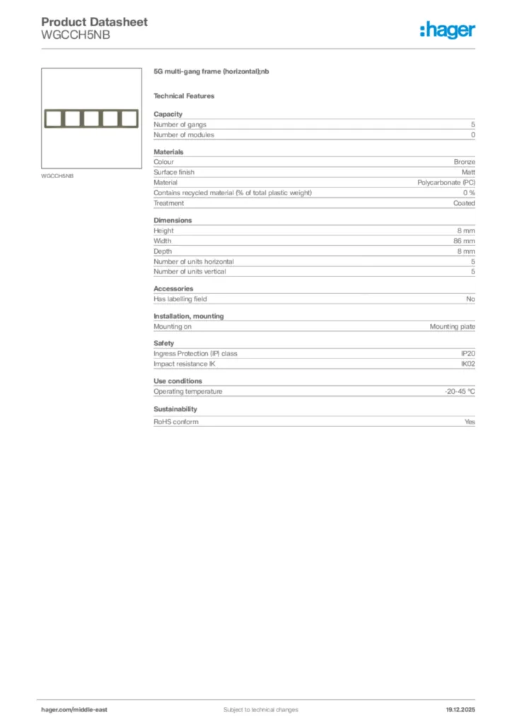 Image Hager Product data sheet WGCCH5NB  | Hager