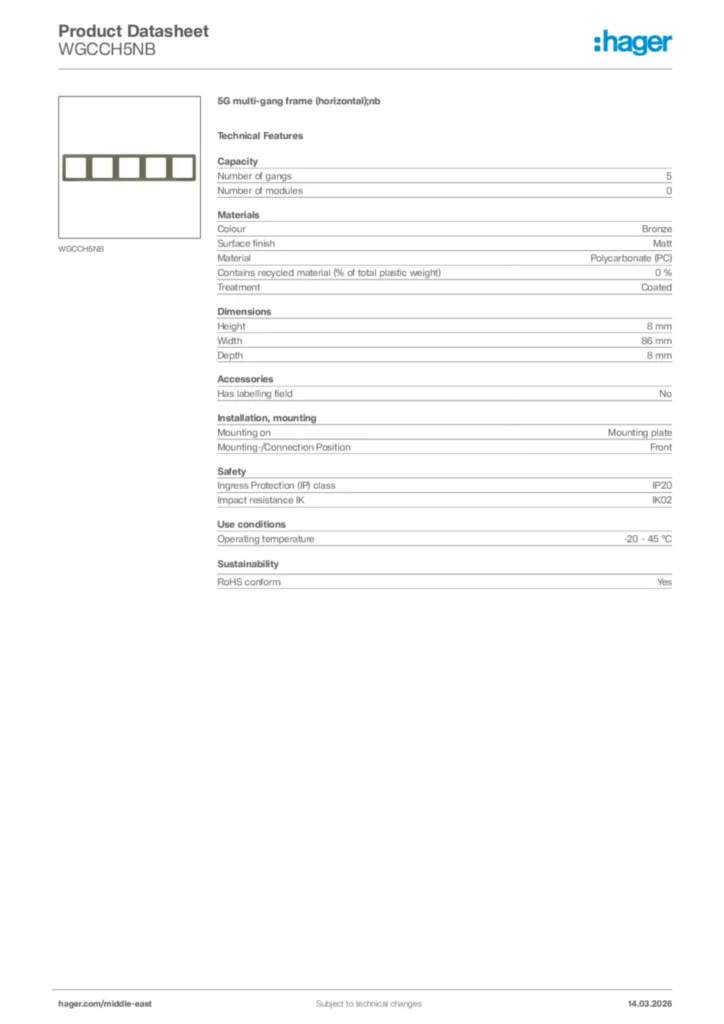Image Hager Product data sheet WGCCH5NB  | Hager