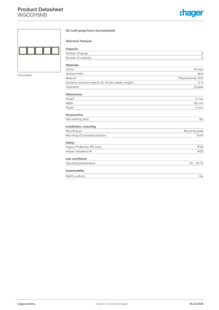 Image Hager Product data sheet WGCCH5NB  | Hager