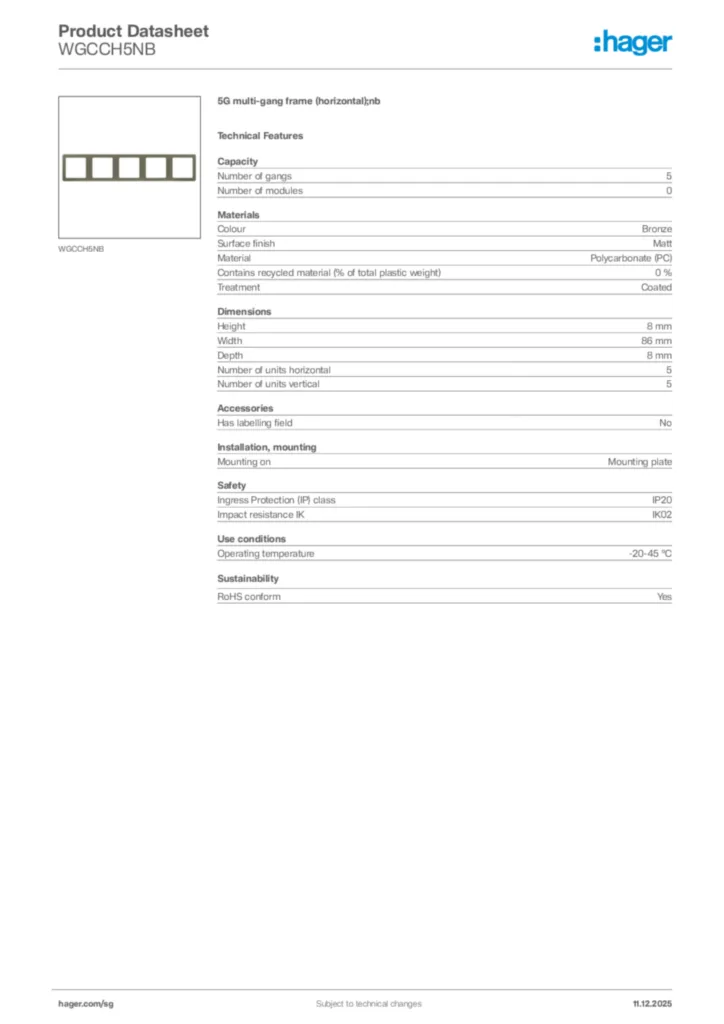 Image Hager Product data sheet WGCCH5NB  | Hager