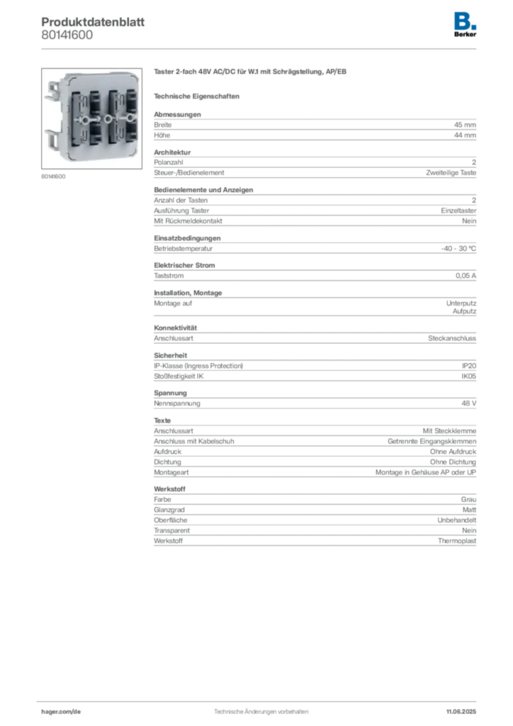 Bild Berker Produktdatenblatt 80141600 | Hager Deutschland