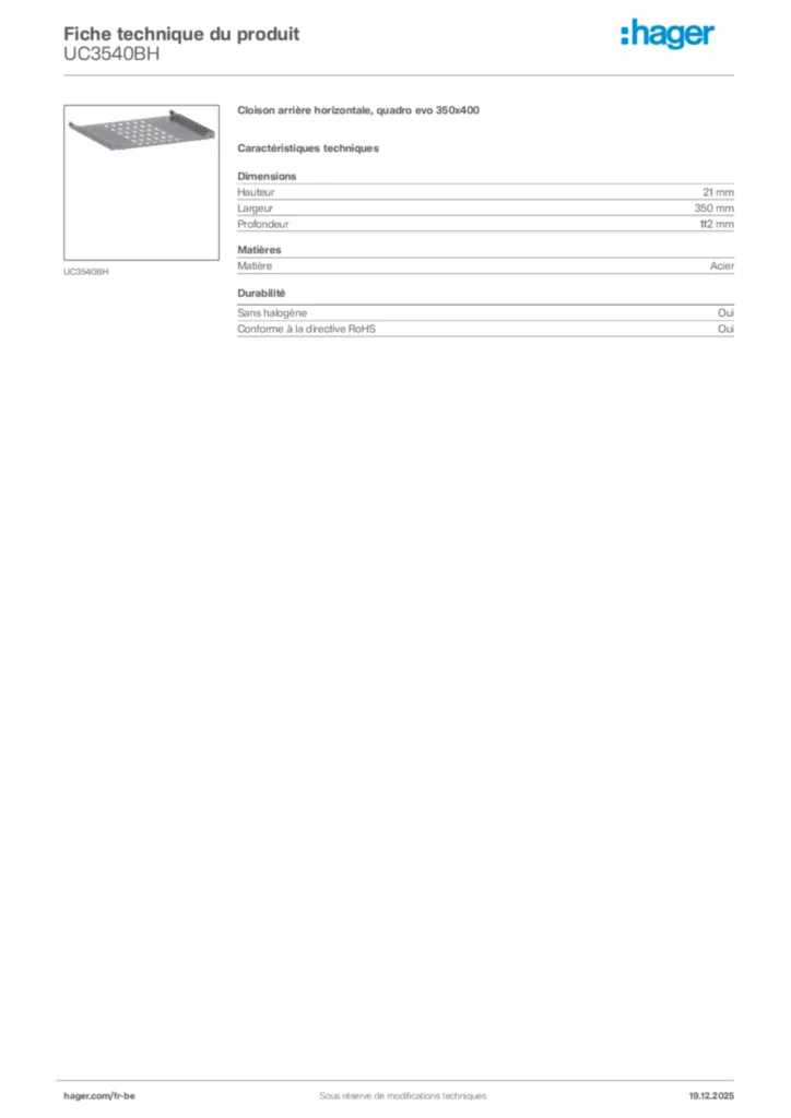 Image Hager Fiche technique du produit UC3540BH | Hager Belgique