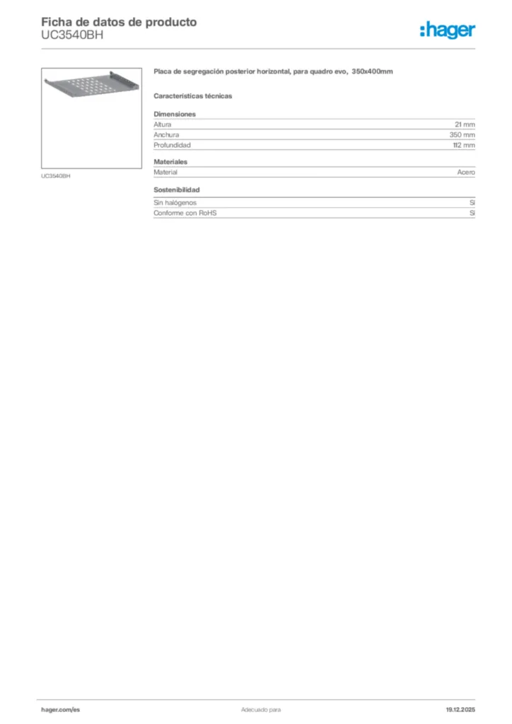 Imagen Hager Ficha de datos de producto UC3540BH | Hager España