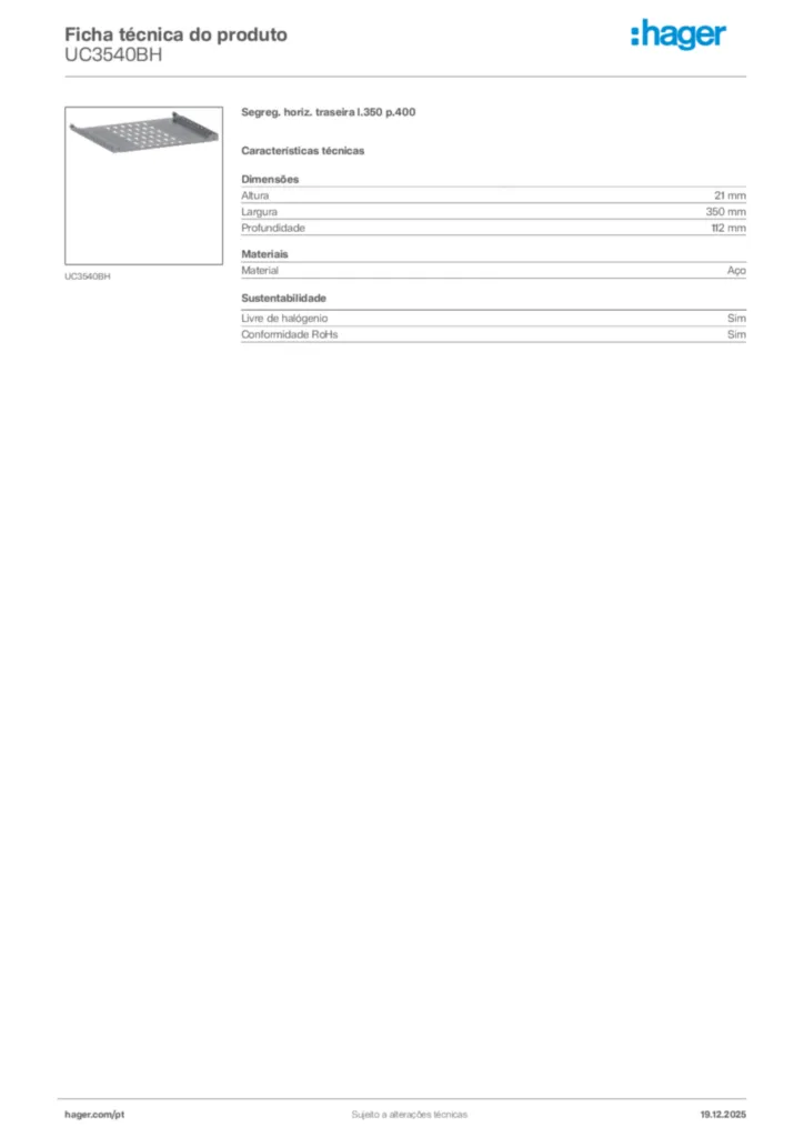 Imagem Hager Ficha técnica do produto UC3540BH | Hager Portugal