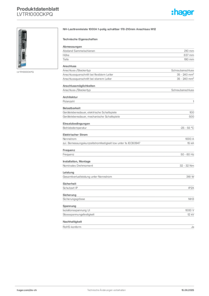 Bild Hager Produktdatenblatt LVTR1000CKPQ | Hager Schweiz