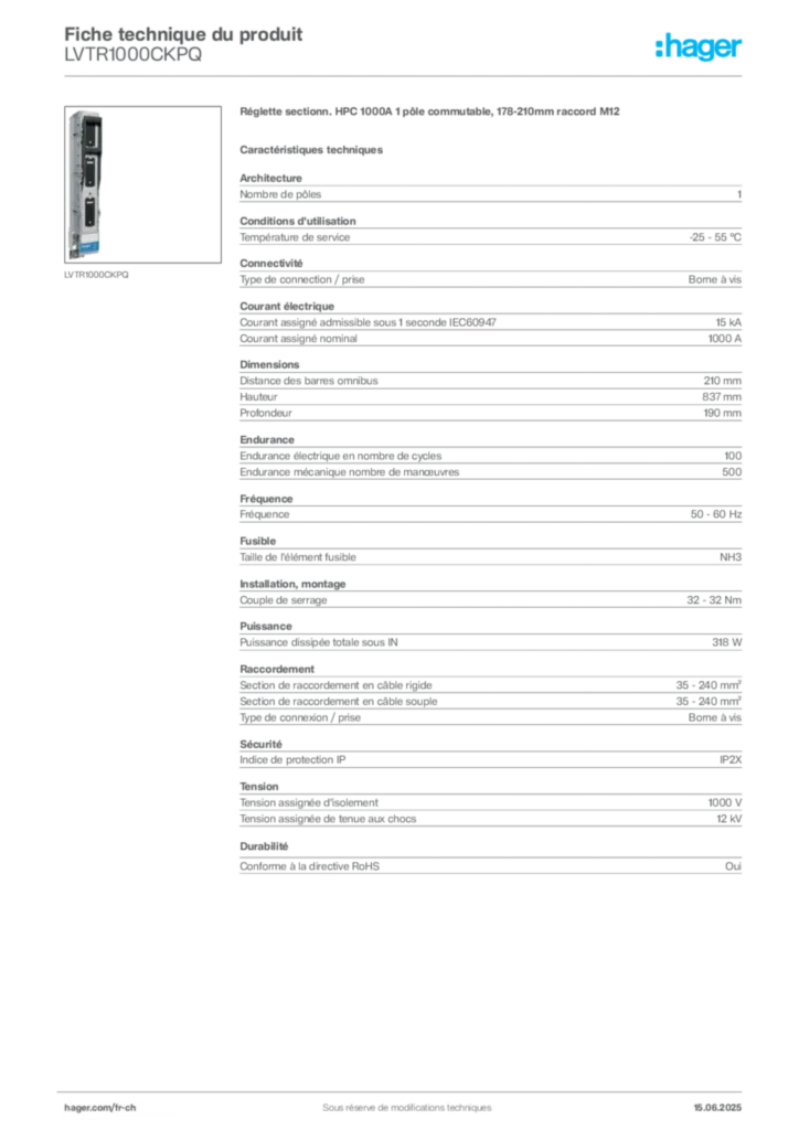Image Hager Fiche technique du produit LVTR1000CKPQ | Hager Suisse