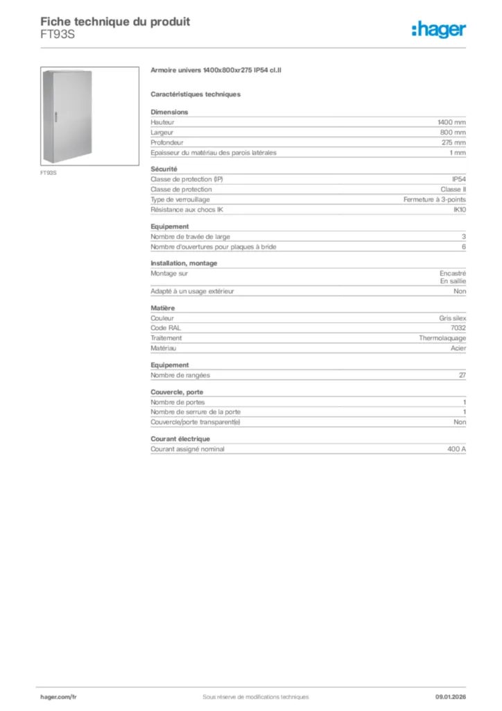 Image Hager Fiche technique du produit FT93S | Hager France