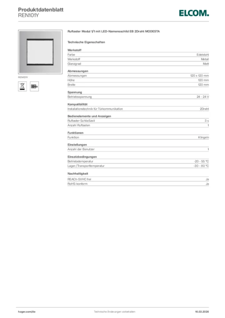 Bild Elcom Produktdatenblatt REN101Y | Hager Deutschland