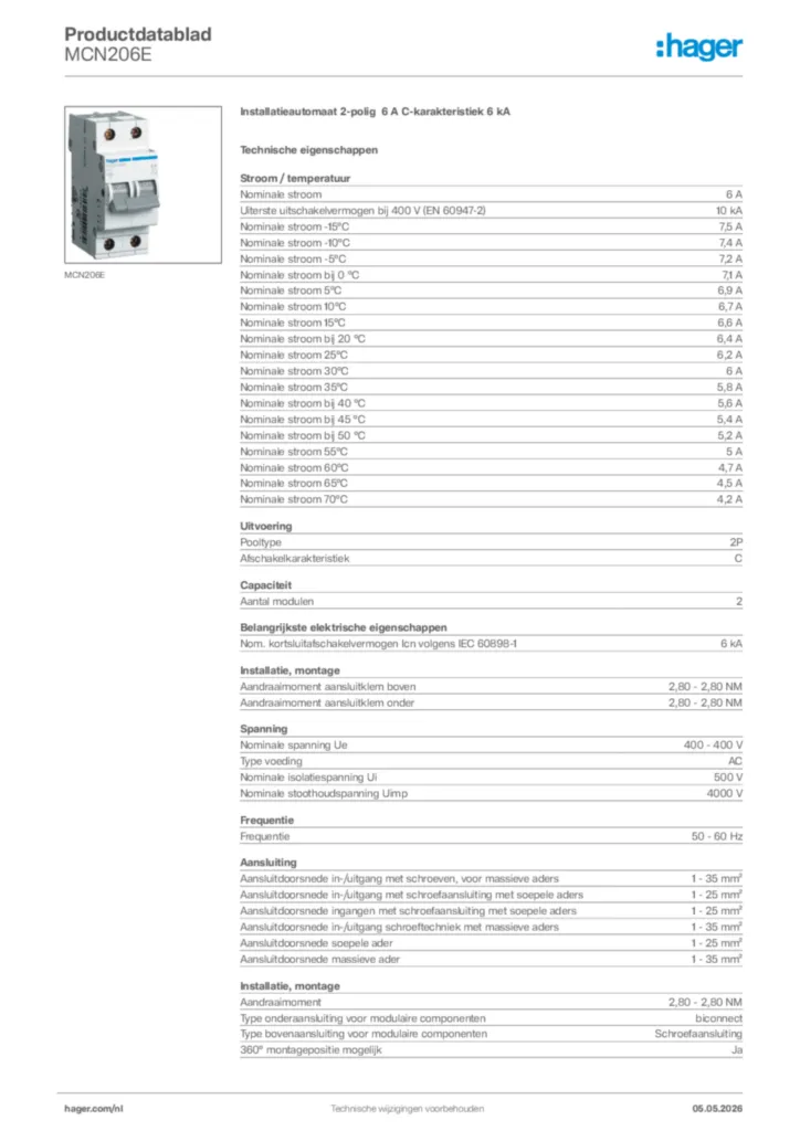 Afbeelding Hager Productdatablad MCN206E | Hager Nederland