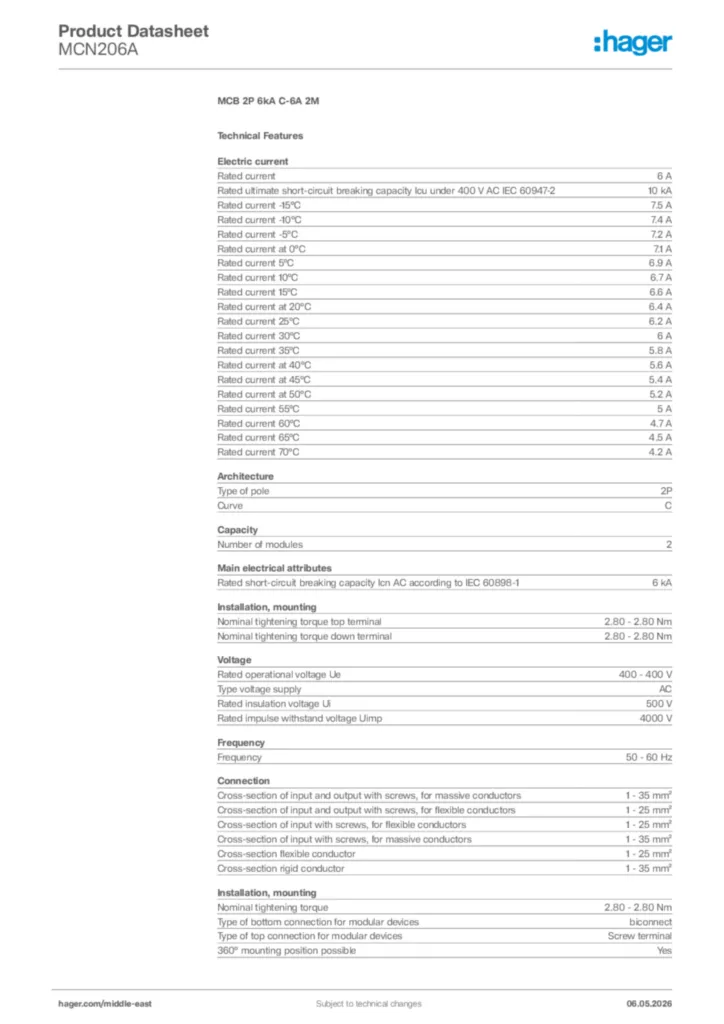 Image Hager Product data sheet MCN206A  | Hager