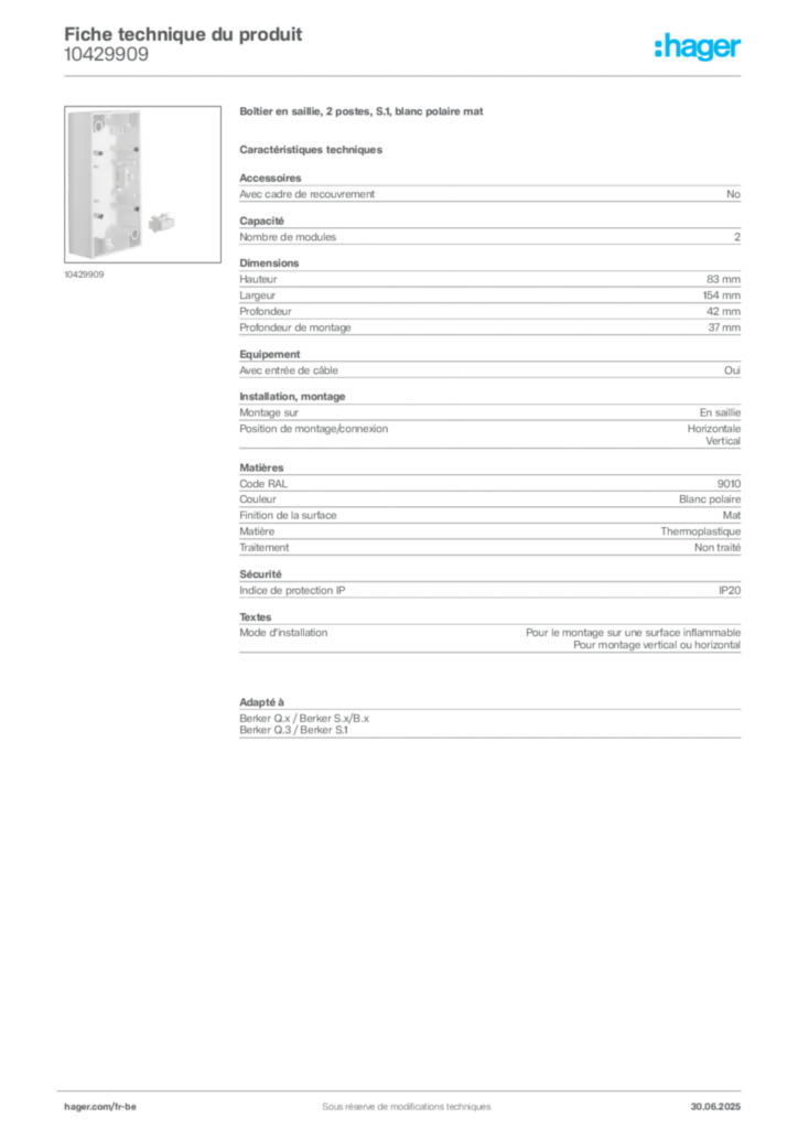 Image Hager Fiche technique du produit 10429909 | Hager Belgique
