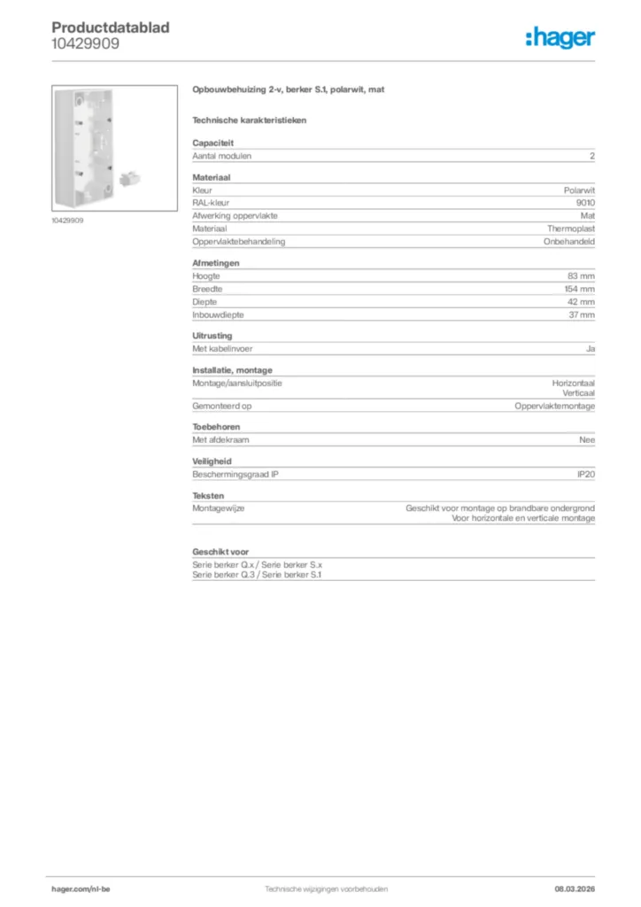 Afbeelding Hager Productdatablad 10429909 | Hager Belgium
