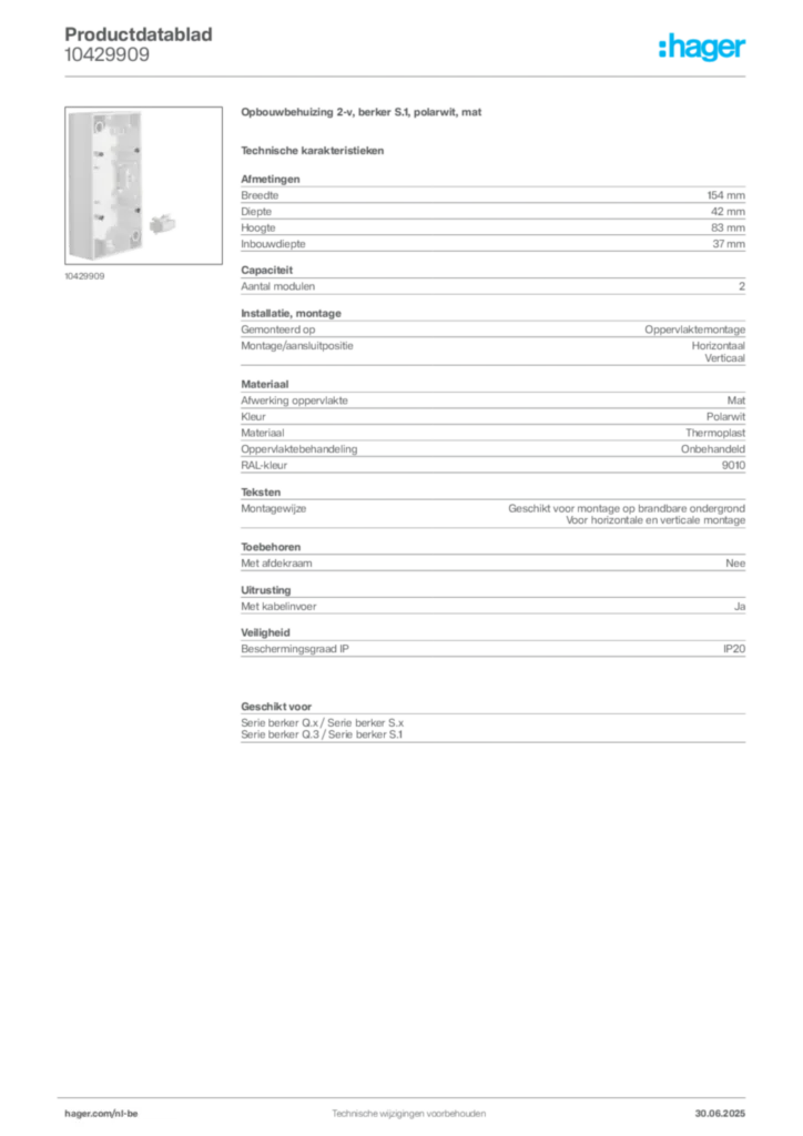 Afbeelding Hager Productdatablad 10429909 | Hager Belgium