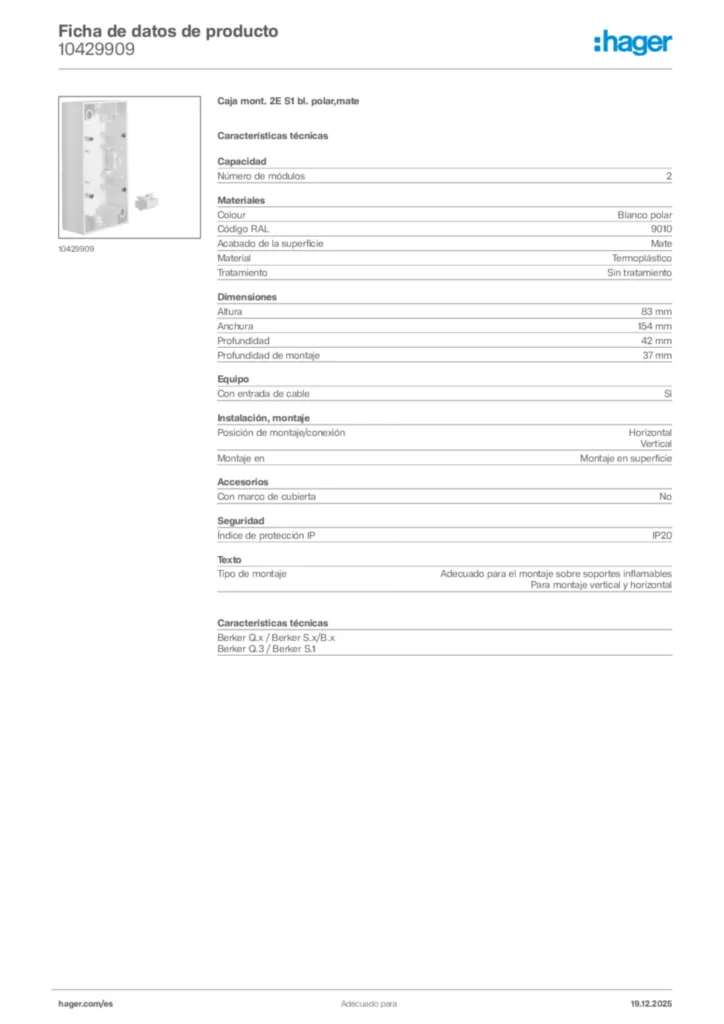Imagen Hager Ficha de datos de producto 10429909 | Hager España