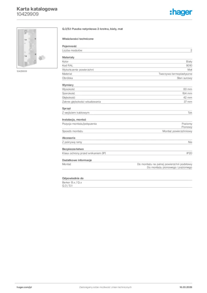 Zdjęcie Hager Karta katalogowa 10429909 | Hager Polska