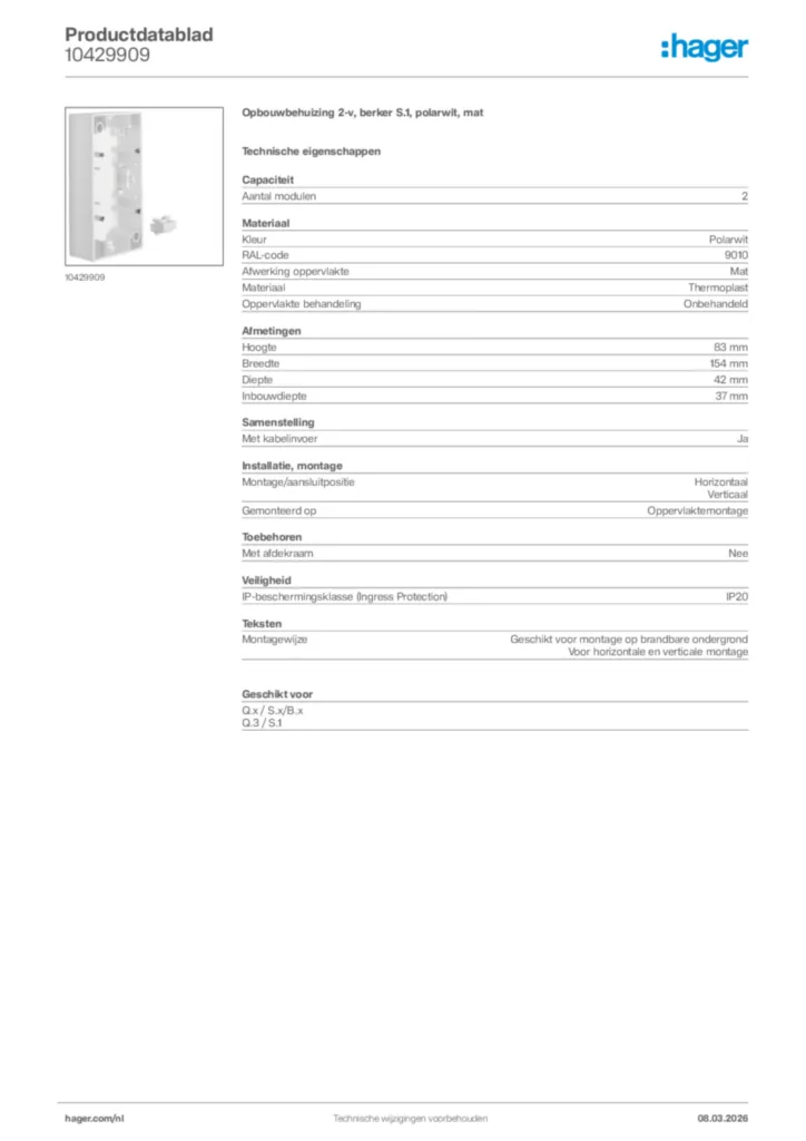 Afbeelding Hager Productdatablad 10429909 | Hager Nederland