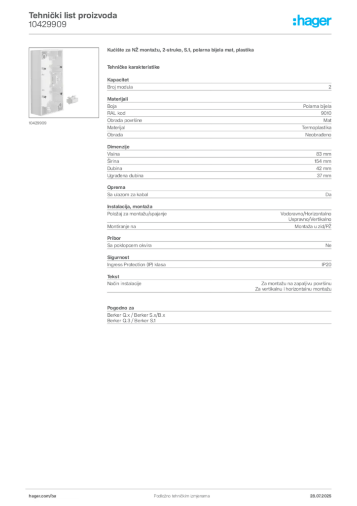 Slika Hager Product data sheet 10429909  | Hager