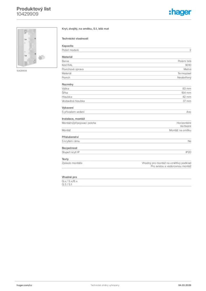 Obrázek Hager Product data sheet 10429909 | Hager