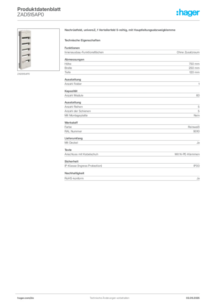 Hager Produktdatenblatt ZAD515AP0