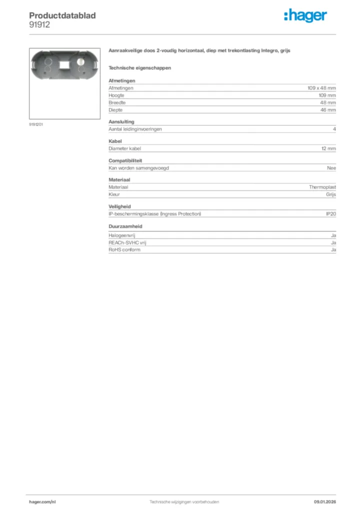 Afbeelding Hager Productdatablad 91912 | Hager Nederland