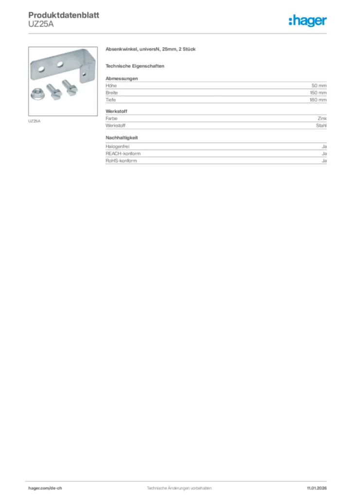 Bild Hager Produktdatenblatt UZ25A | Hager Schweiz