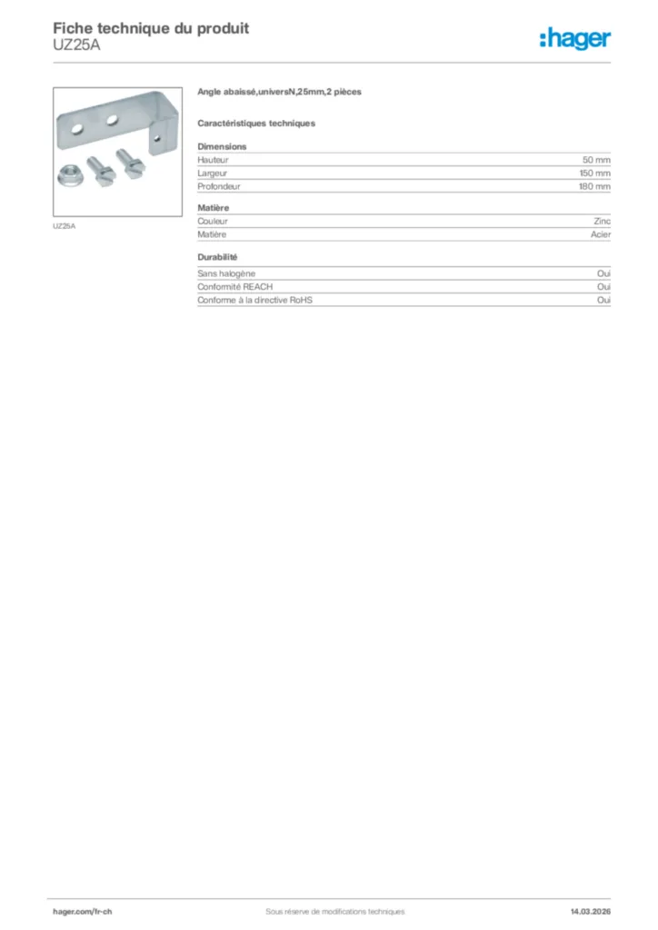 Image Hager Fiche technique du produit UZ25A | Hager Suisse