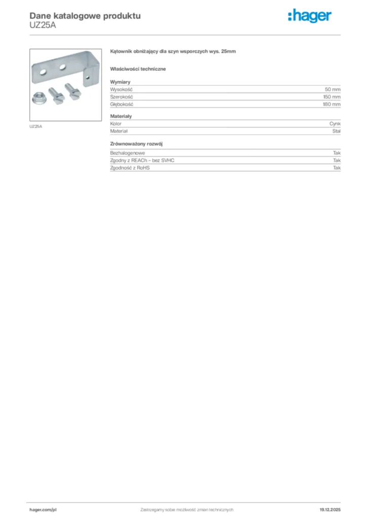 Zdjęcie Hager Karta katalogowa UZ25A | Hager Polska