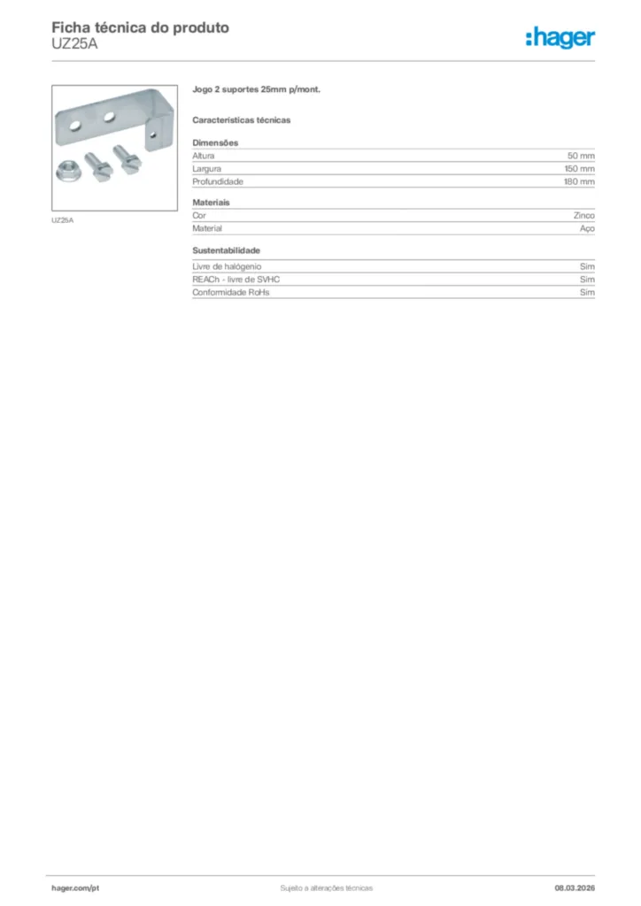 Imagem Hager Ficha técnica do produto UZ25A | Hager Portugal