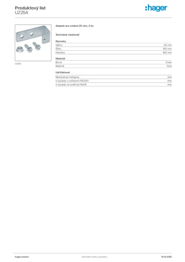 Obrázek Hager Produktový list UZ25A | Hager