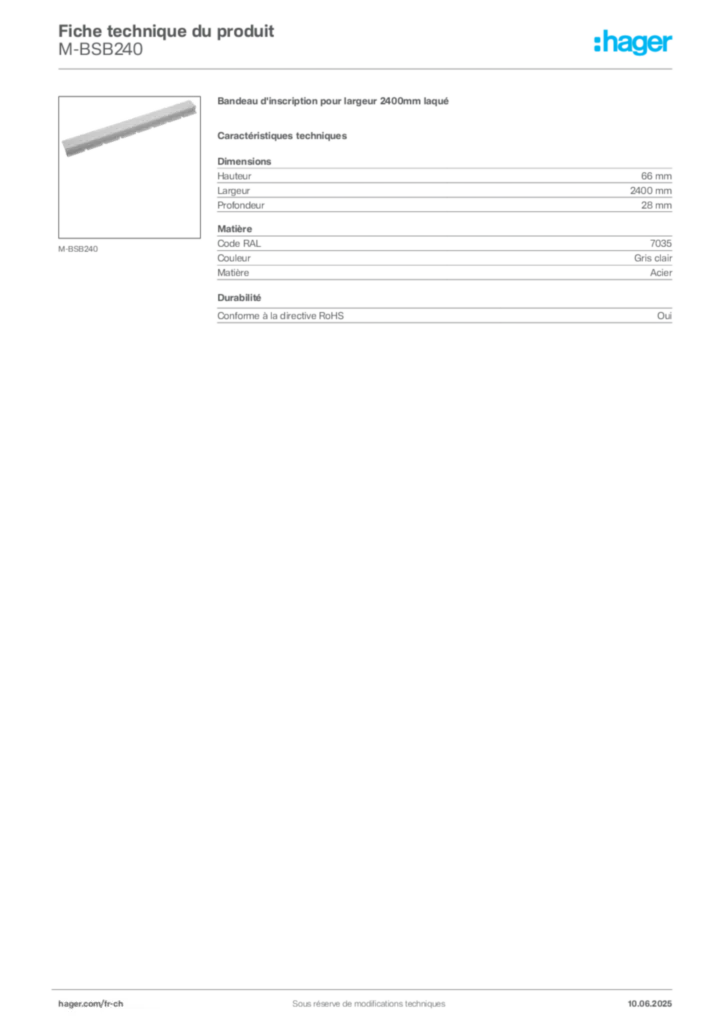 Image Hager Fiche technique du produit M-BSB240 | Hager Suisse