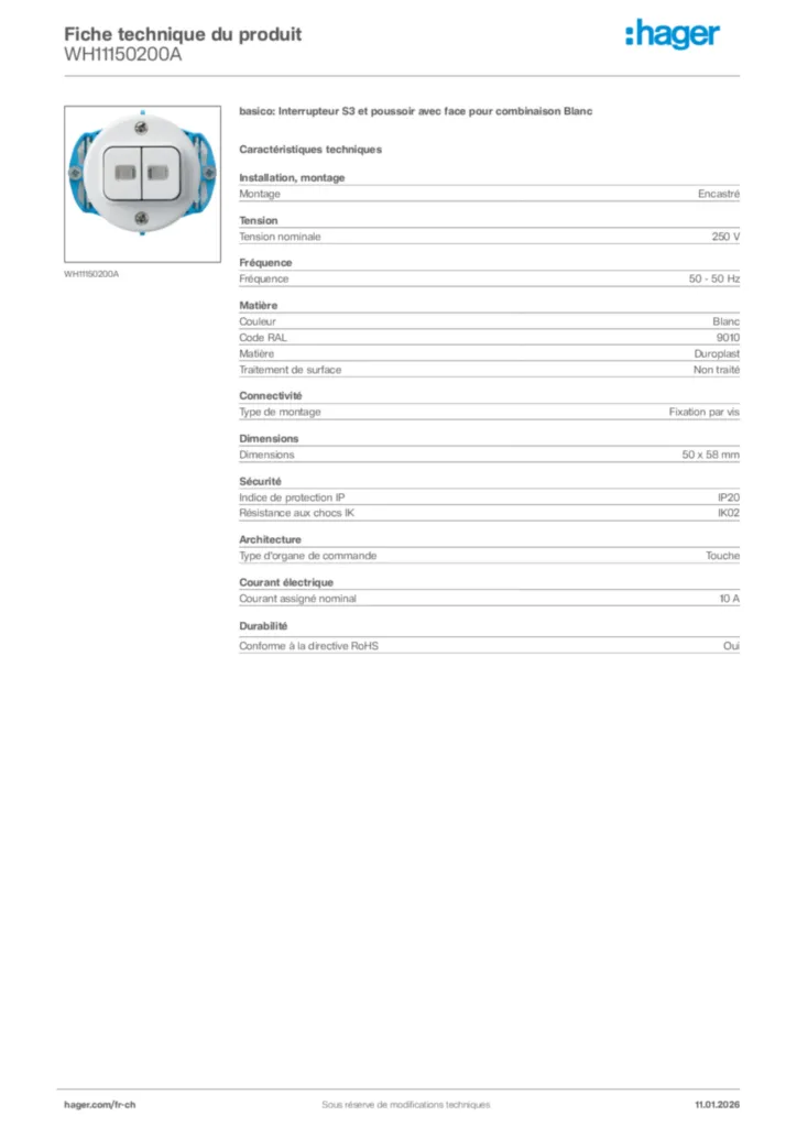 Image Hager Fiche technique du produit WH11150200A | Hager Suisse